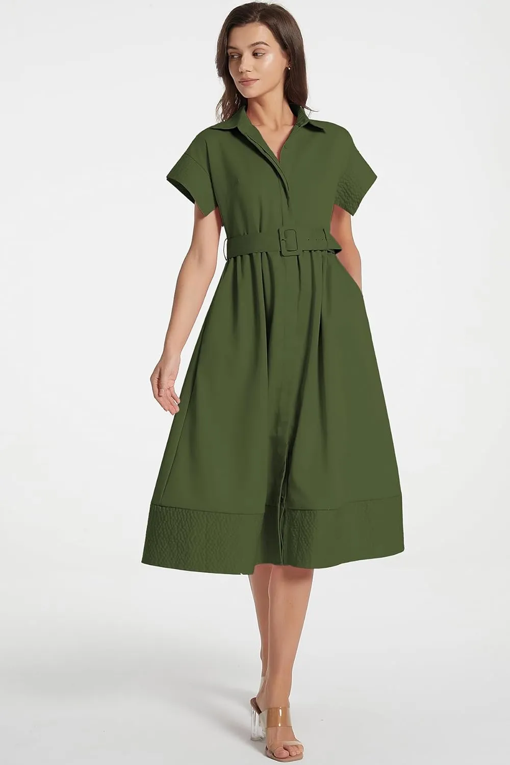 Ladyful Women Casual Button Down Shirt Dress Short Wing Sleeve Buiness Midi Shirt Dress with Belt Elegant Dress