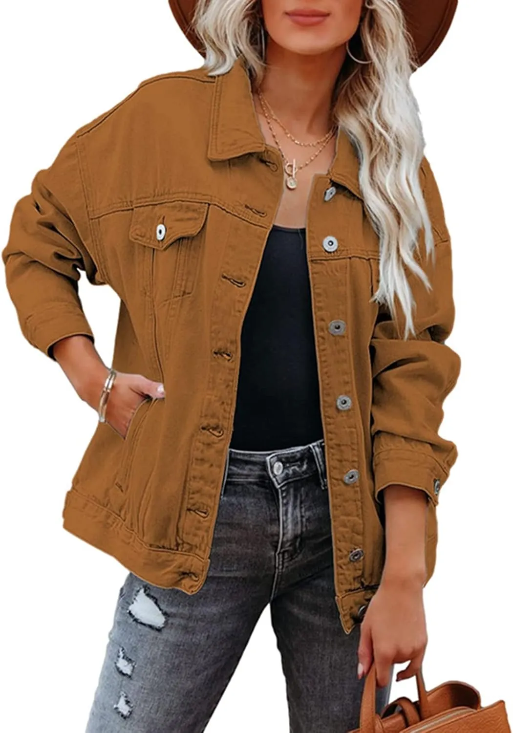 LifeShe Women's Oversized Denim Jacket Boyfriend Distressed Trucker Jean Jacket Coat