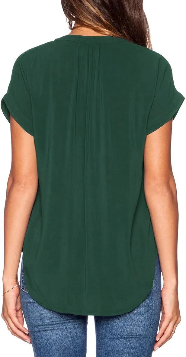 LILBETTER Women Chiffon Blouse V Neck Short Sleeve Top Shirts