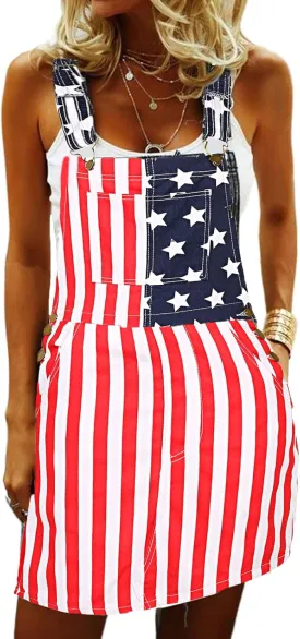 lisenraIn Denim Overall Dress for Women Casual Adjustable Strap Bib Dress Summer Independence Day Dress with Pockets