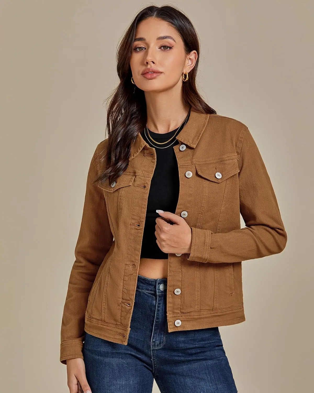 luvamia Women's Basic Button Down Stretch Fitted Long Sleeves Denim Jean Jacket