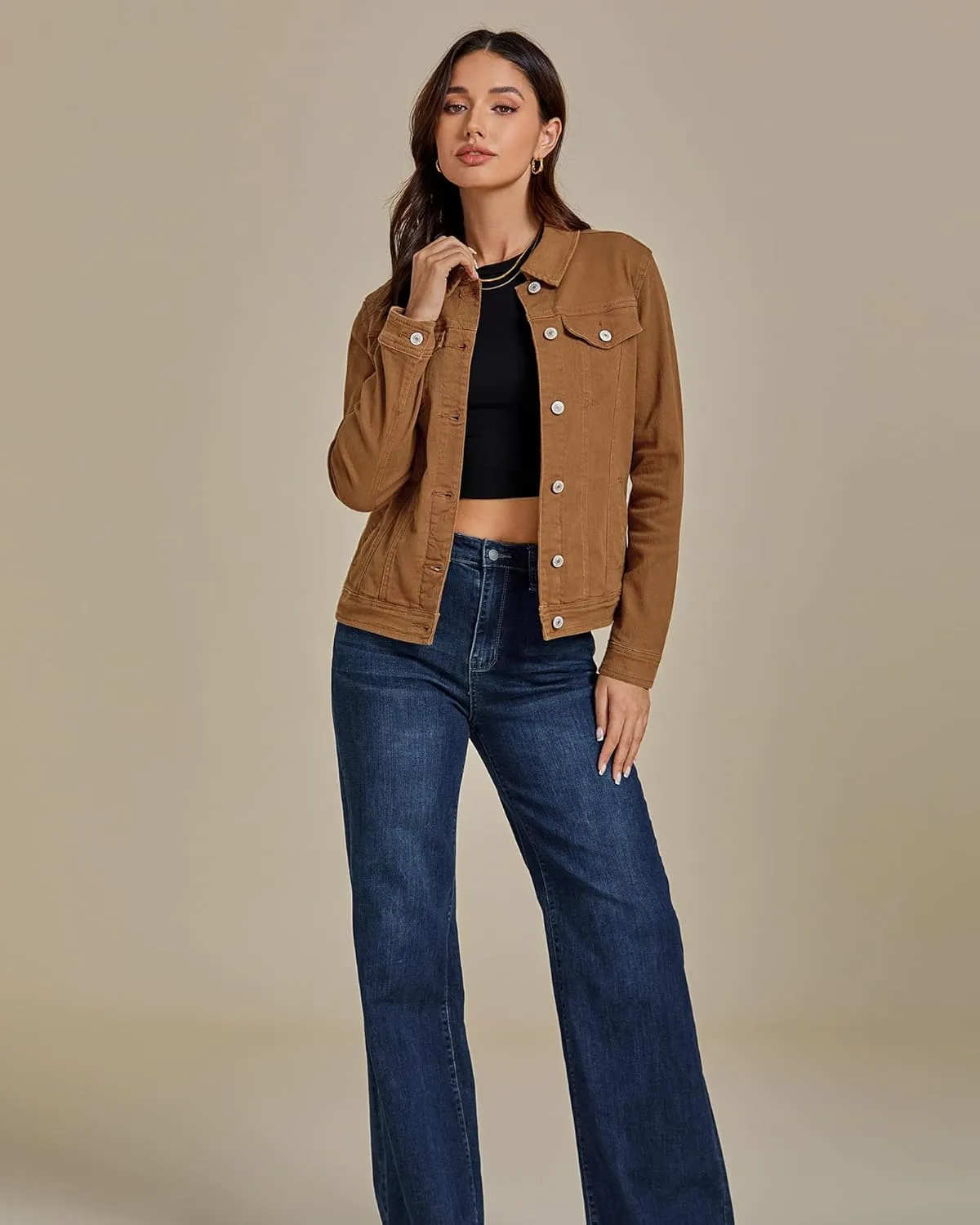 luvamia Women's Basic Button Down Stretch Fitted Long Sleeves Denim Jean Jacket