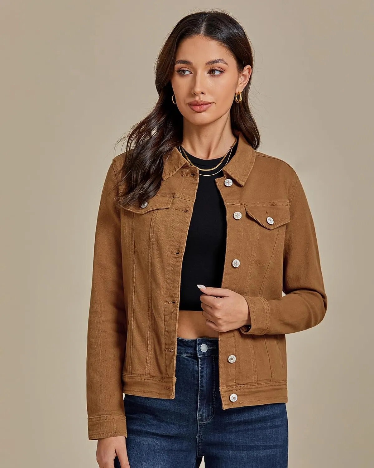 luvamia Women's Basic Button Down Stretch Fitted Long Sleeves Denim Jean Jacket