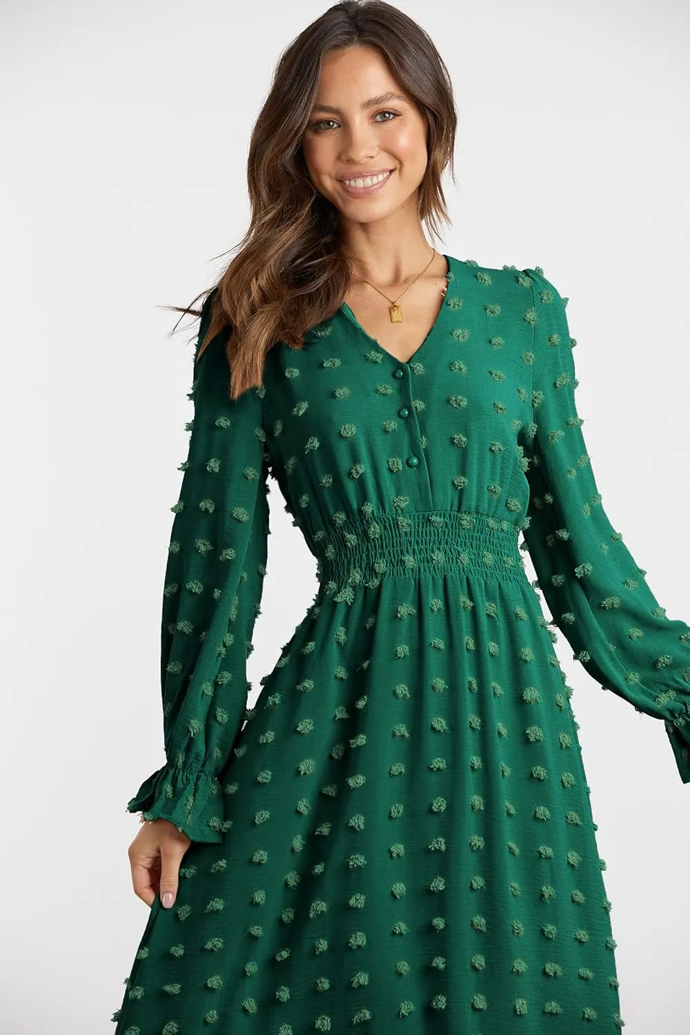 MASCOMODA Women Maxi Dress 2025 Fall Long Sleeve V Neck Swiss Dot Boho Smocked High Waisted A-Line Tiered Flowy Long Dresses