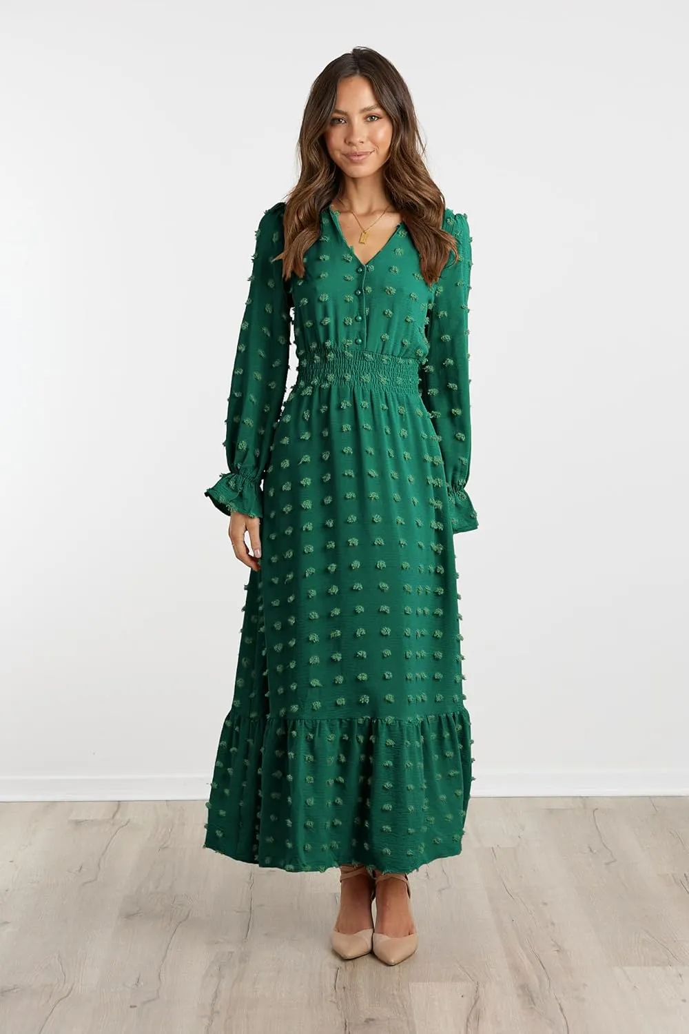 MASCOMODA Women Maxi Dress 2025 Fall Long Sleeve V Neck Swiss Dot Boho Smocked High Waisted A-Line Tiered Flowy Long Dresses