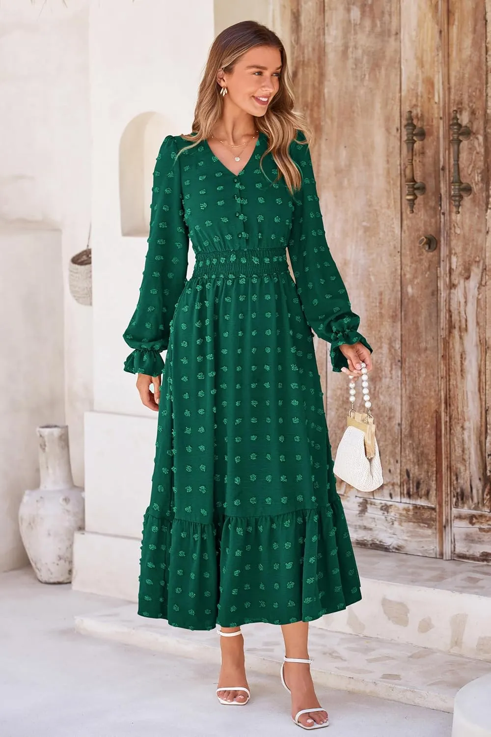 MASCOMODA Women Maxi Dress 2025 Fall Long Sleeve V Neck Swiss Dot Boho Smocked High Waisted A-Line Tiered Flowy Long Dresses
