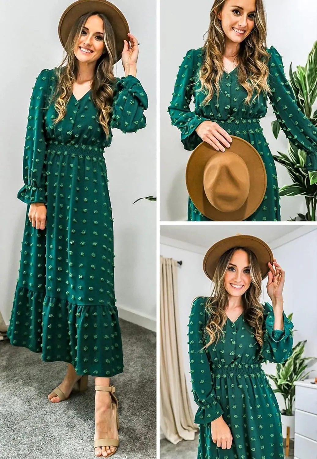 MASCOMODA Women Maxi Dress 2025 Fall Long Sleeve V Neck Swiss Dot Boho Smocked High Waisted A-Line Tiered Flowy Long Dresses