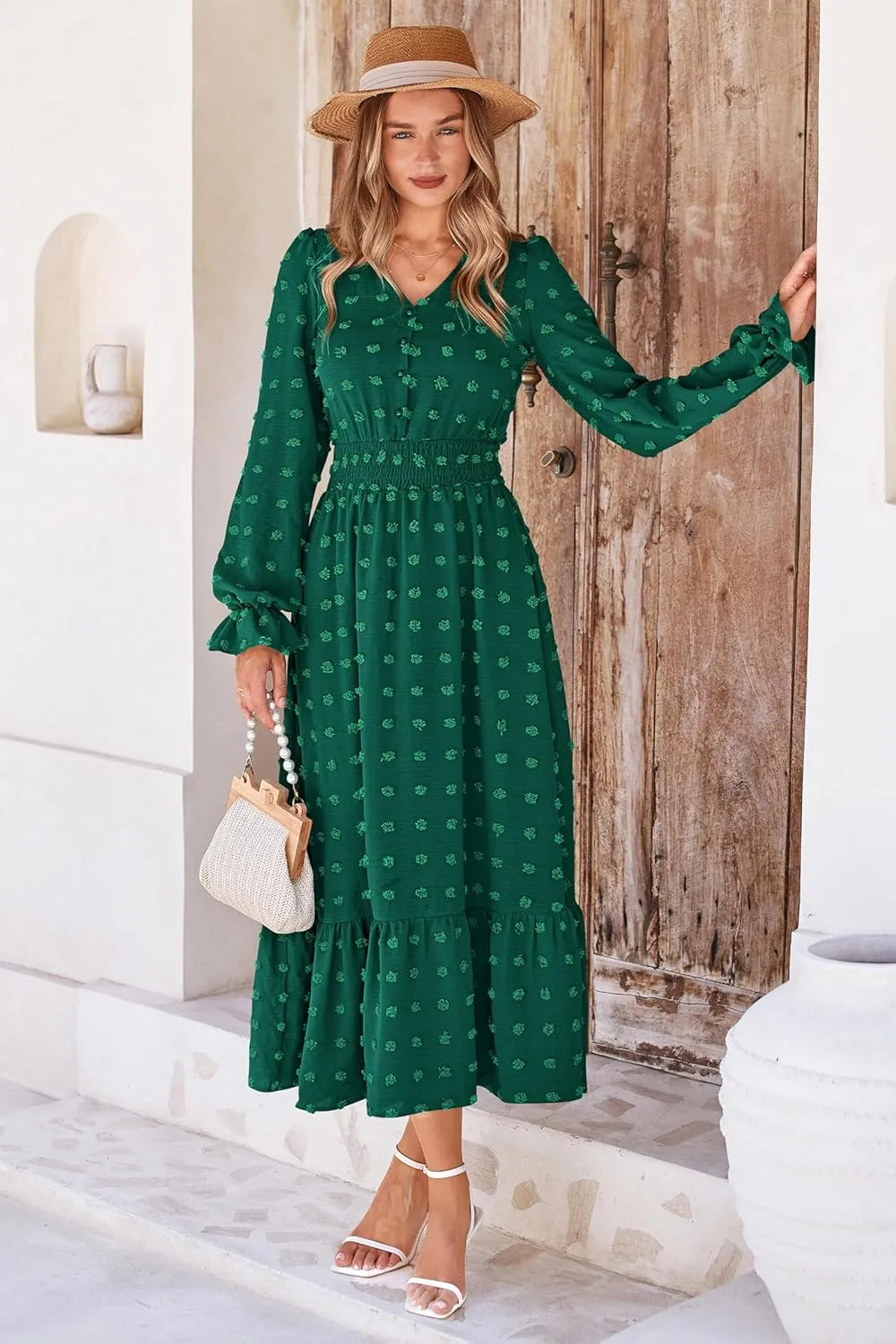 MASCOMODA Women Maxi Dress 2025 Fall Long Sleeve V Neck Swiss Dot Boho Smocked High Waisted A-Line Tiered Flowy Long Dresses