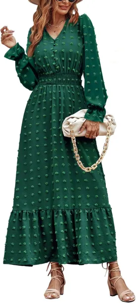 MASCOMODA Women Maxi Dress 2025 Fall Long Sleeve V Neck Swiss Dot Boho Smocked High Waisted A-Line Tiered Flowy Long Dresses