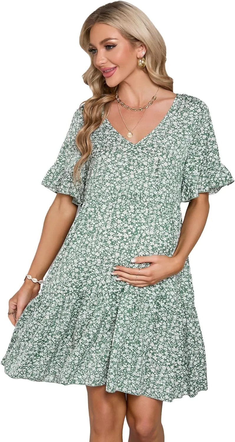 Maternity Dress Womens Casual Babydoll Dress Ruffle Short Sleeve V Neck Floral Printed Flowy Mini Short Tunic Dress