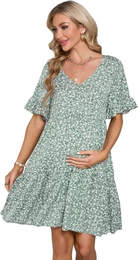 Maternity Dress Womens Casual Babydoll Dress Ruffle Short Sleeve V Neck Floral Printed Flowy Mini Short Tunic Dress