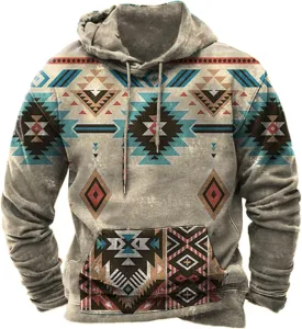 Men's Hooded Sweatshirt American Flag Print Long Sleeve Pullover Sweatshirt Vintage Tribal Aztec Graphic Hoodie Tops