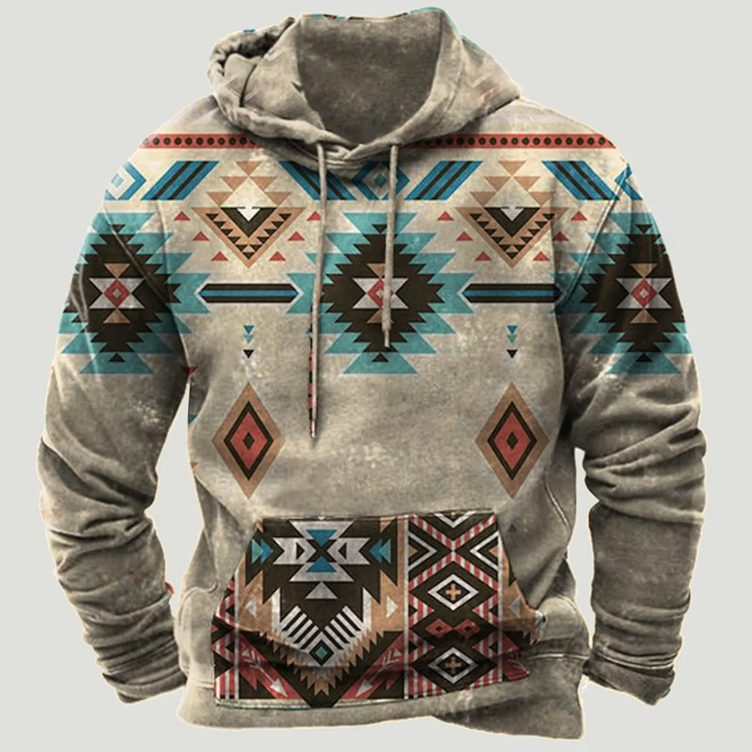 Men's Hooded Sweatshirt American Flag Print Long Sleeve Pullover Sweatshirt Vintage Tribal Aztec Graphic Hoodie Tops