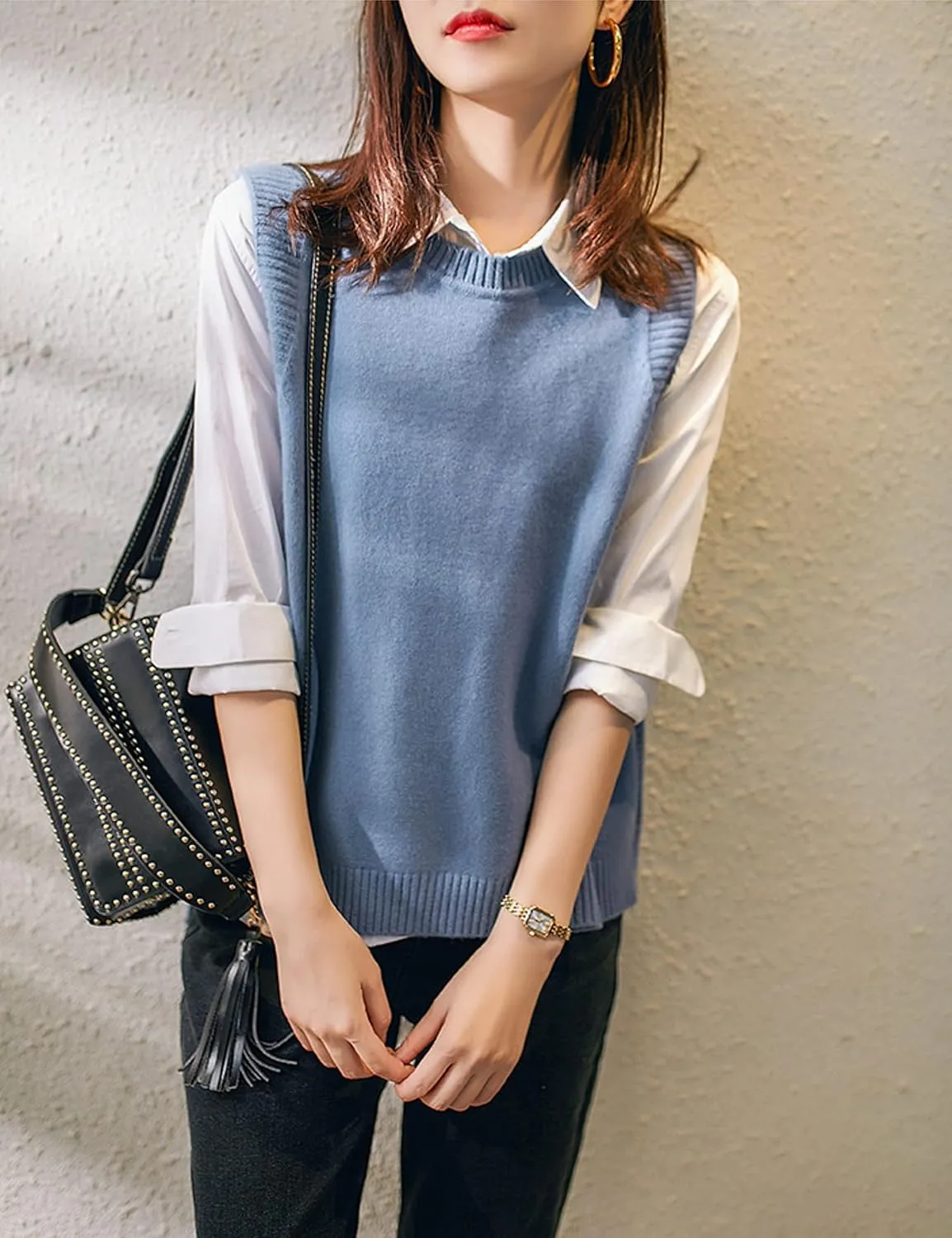 Mingzhu Women's Sleeveless Sweater Vest Round Neck Loose Ribbed Kint Pullover Tops