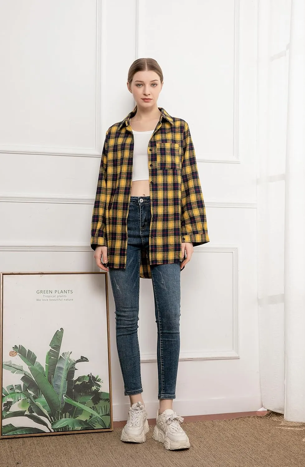 Minibee Women's Cotton Blouses Tops Plaid Long Sleeve High Low Button Down Shirts Tunic