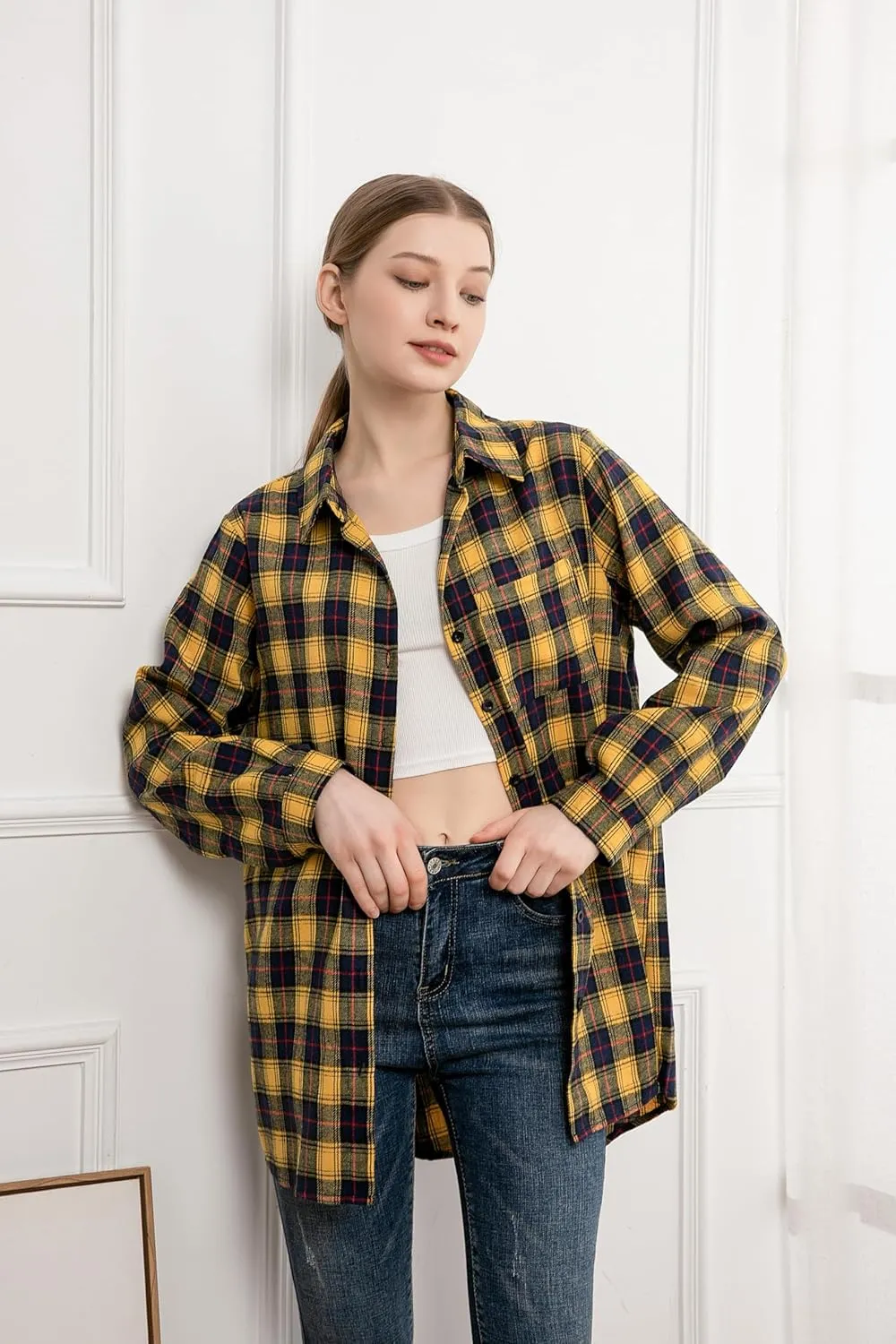 Minibee Women's Cotton Blouses Tops Plaid Long Sleeve High Low Button Down Shirts Tunic