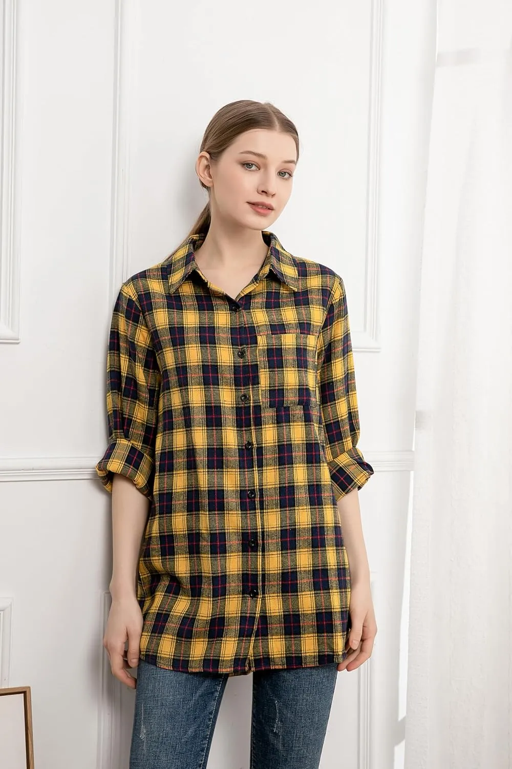 Minibee Women's Cotton Blouses Tops Plaid Long Sleeve High Low Button Down Shirts Tunic
