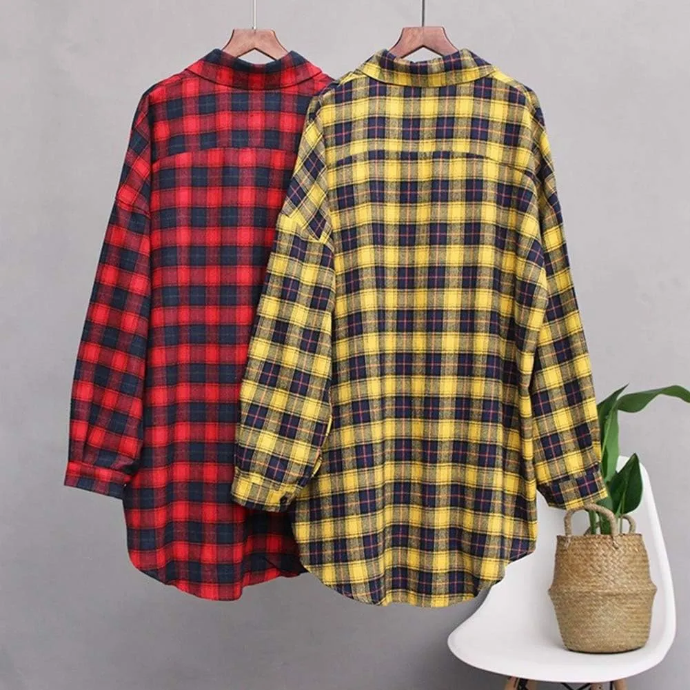Minibee Women's Cotton Blouses Tops Plaid Long Sleeve High Low Button Down Shirts Tunic