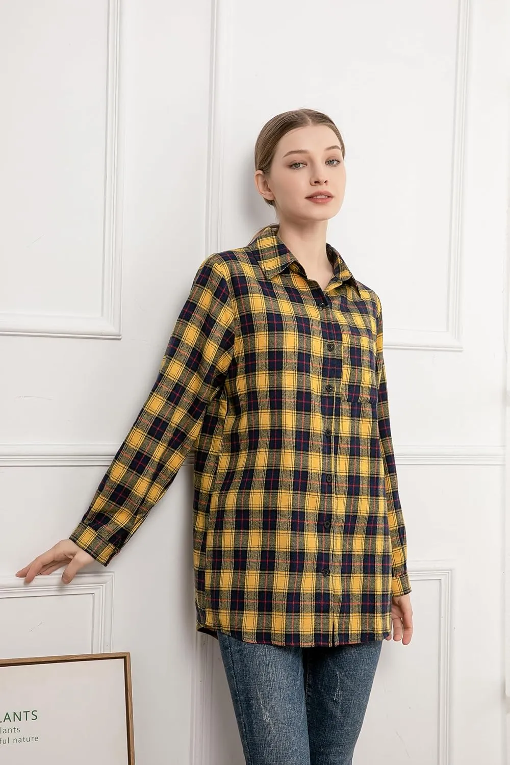 Minibee Women's Cotton Blouses Tops Plaid Long Sleeve High Low Button Down Shirts Tunic