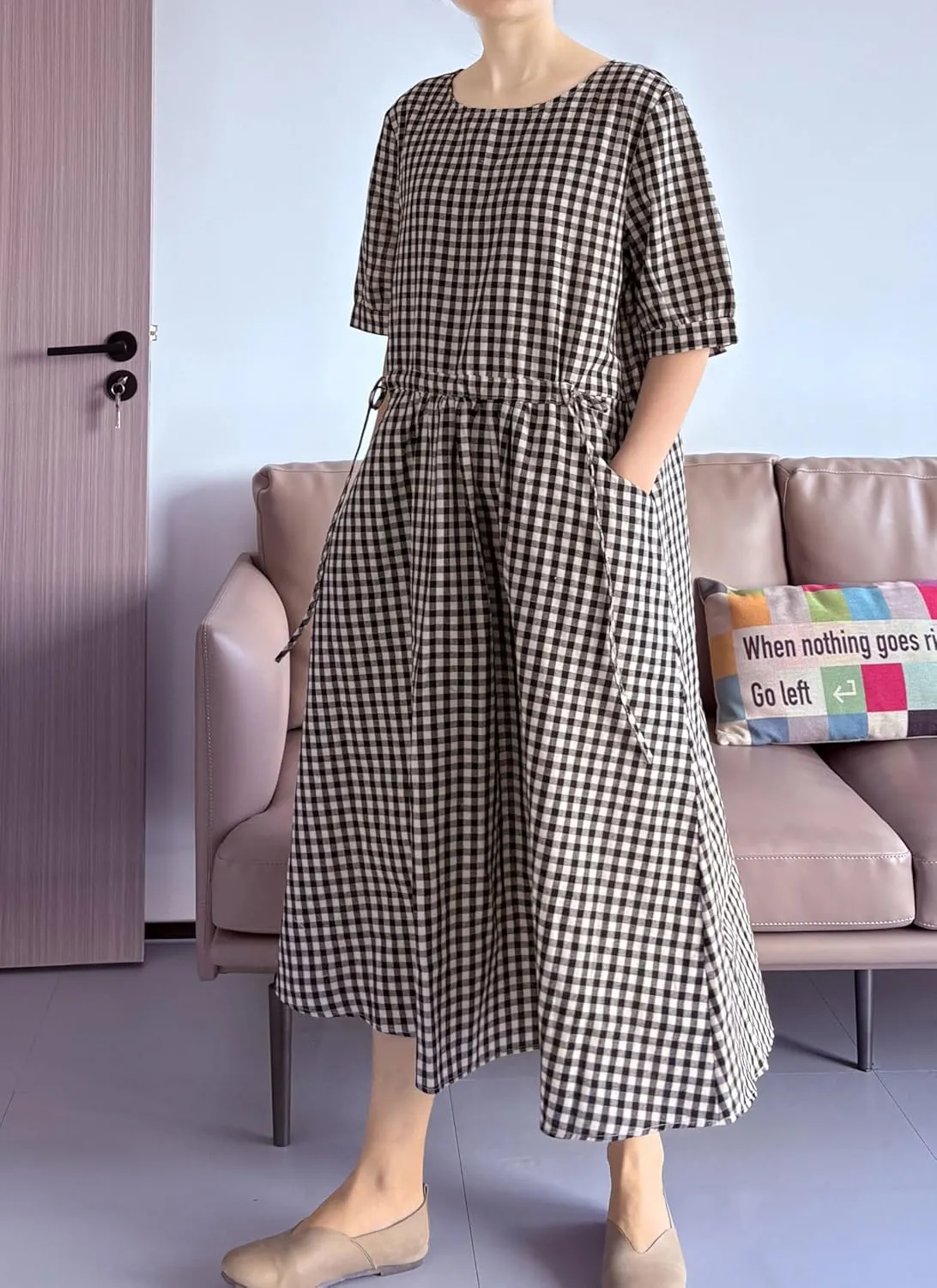Minibee Women's Cotton Linen Dress Summer Short Sleeve Casual Plaid Flowy A-Line Midi Dresses with Pockets