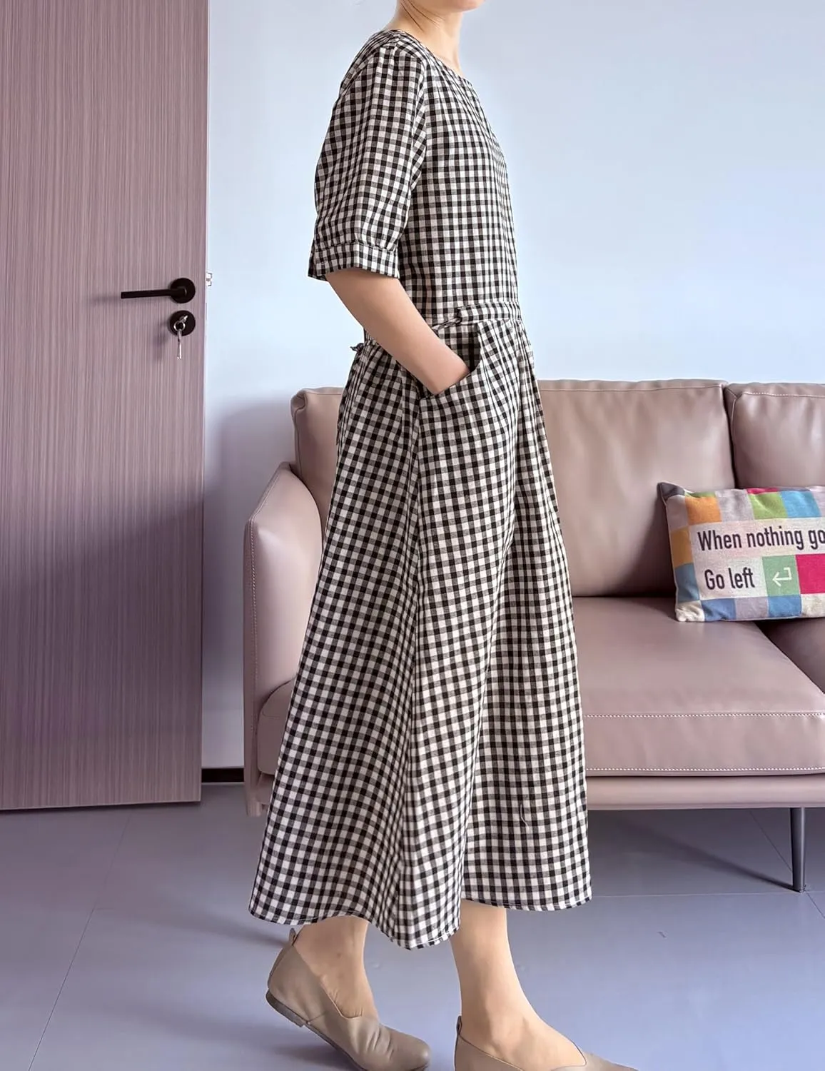 Minibee Women's Cotton Linen Dress Summer Short Sleeve Casual Plaid Flowy A-Line Midi Dresses with Pockets