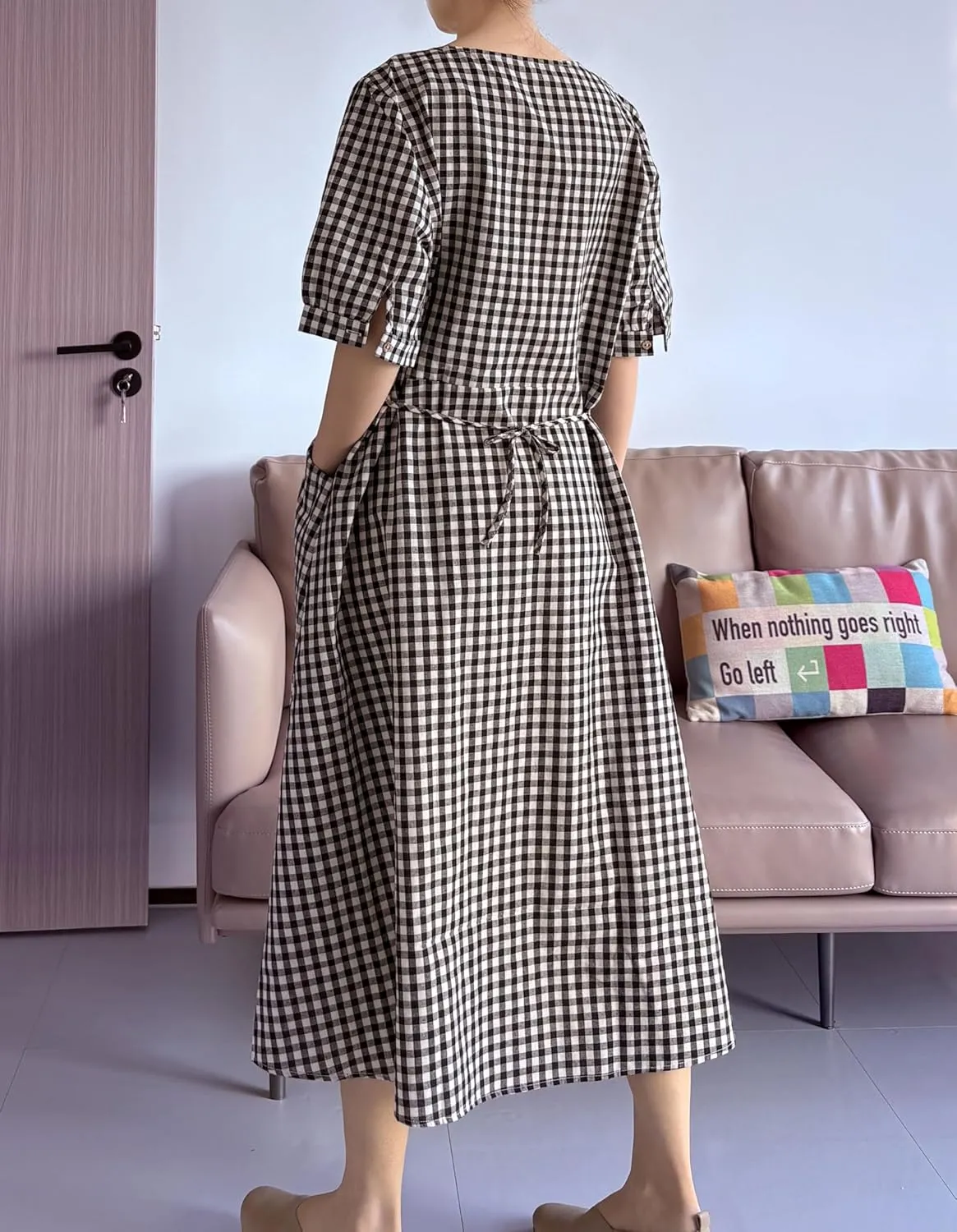 Minibee Women's Cotton Linen Dress Summer Short Sleeve Casual Plaid Flowy A-Line Midi Dresses with Pockets