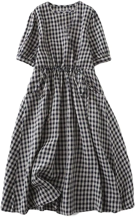 Minibee Women's Cotton Linen Dress Summer Short Sleeve Casual Plaid Flowy A-Line Midi Dresses with Pockets
