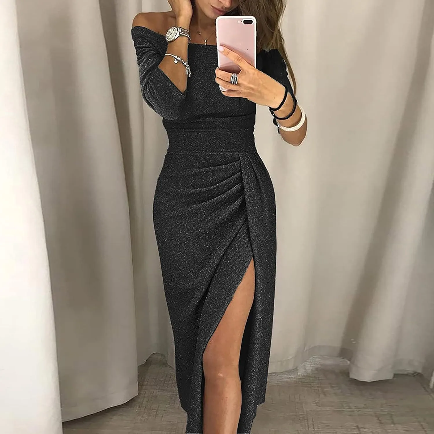 Off Shoulder Cocktail Dresses with Slit Women 2025 Sexy Elegant Formal Bodycon Ruched Long Dress Party Club Wear