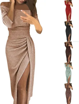 Off Shoulder Cocktail Dresses with Slit Women 2025 Sexy Elegant Formal Bodycon Ruched Long Dress Party Club Wear