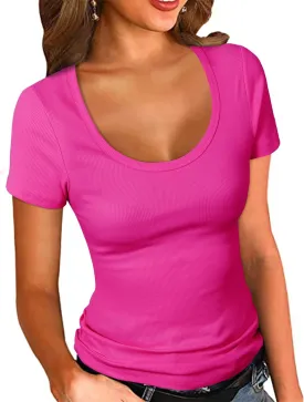 PALINDA Women's Scoop Neck Ribbed Fitted Shirt Basic Short Sleeves Summer T Shirt Tops