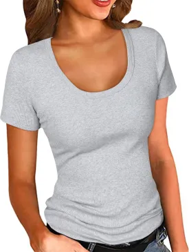PALINDA Women's Scoop Neck Ribbed Fitted Shirt Basic Short Sleeves Summer T Shirt Tops