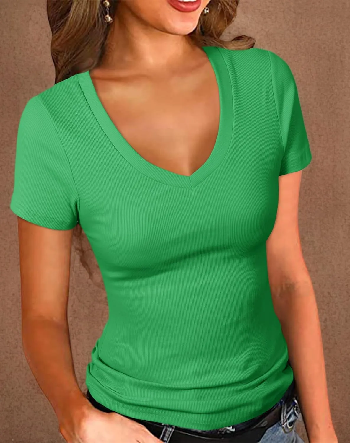PALINDA Women's Short Sleeves Ribbed Fitted Shirt Basic V Neck Slim T Shirt Tops