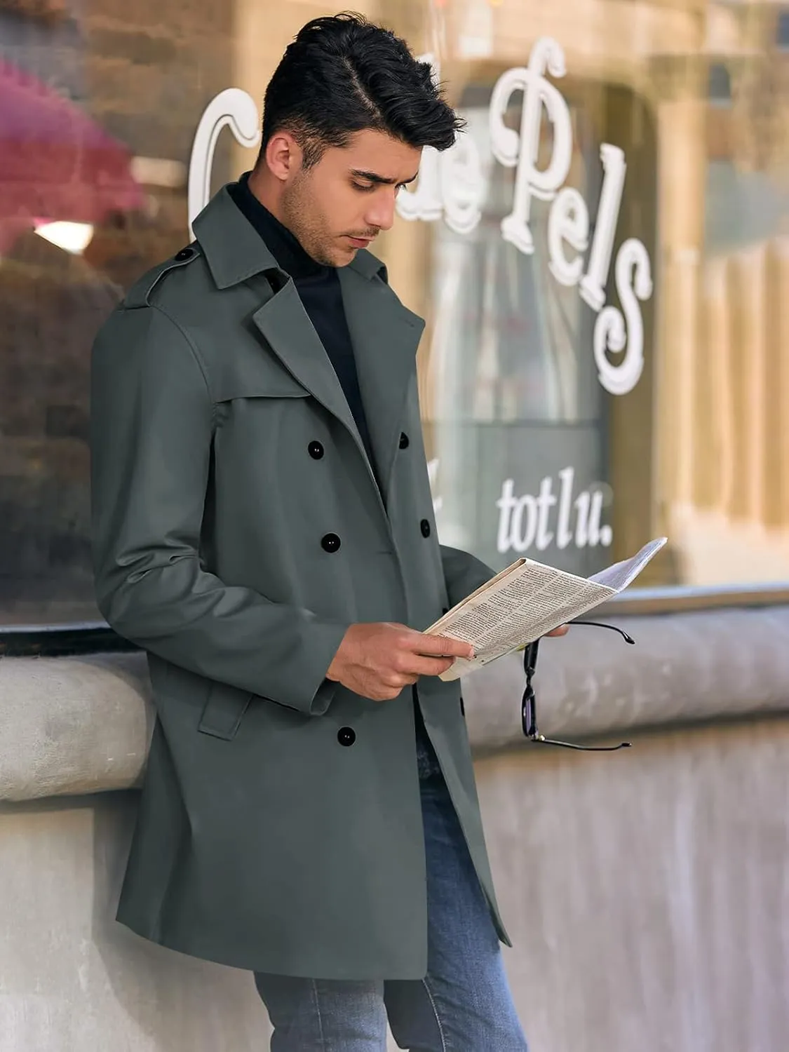 PASLTER Mens Trench Coat Notched Lapel Double Breasted Long Jacket Windbreaker Overcoat Pea Coat