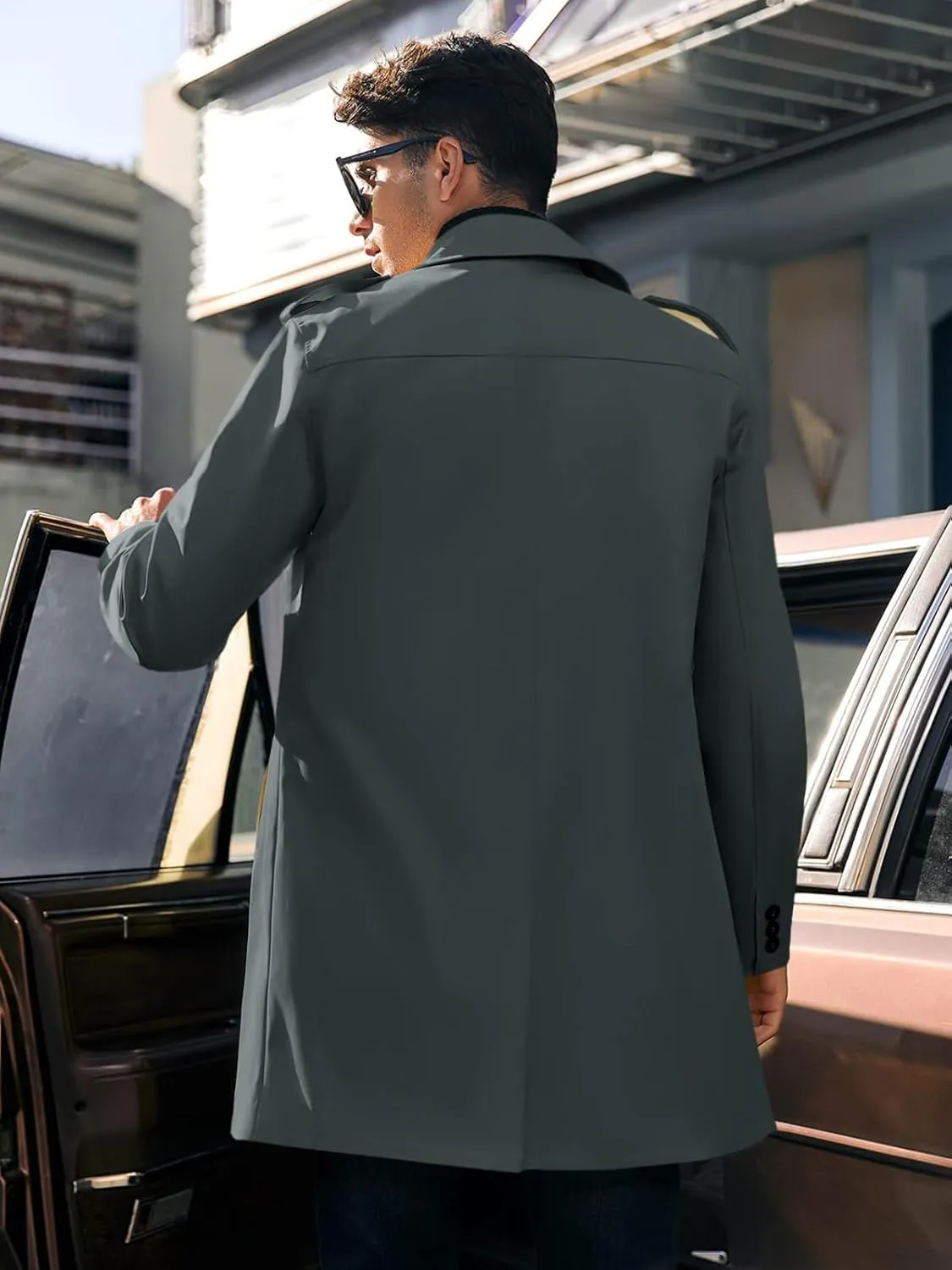 PASLTER Mens Trench Coat Notched Lapel Double Breasted Long Jacket Windbreaker Overcoat Pea Coat