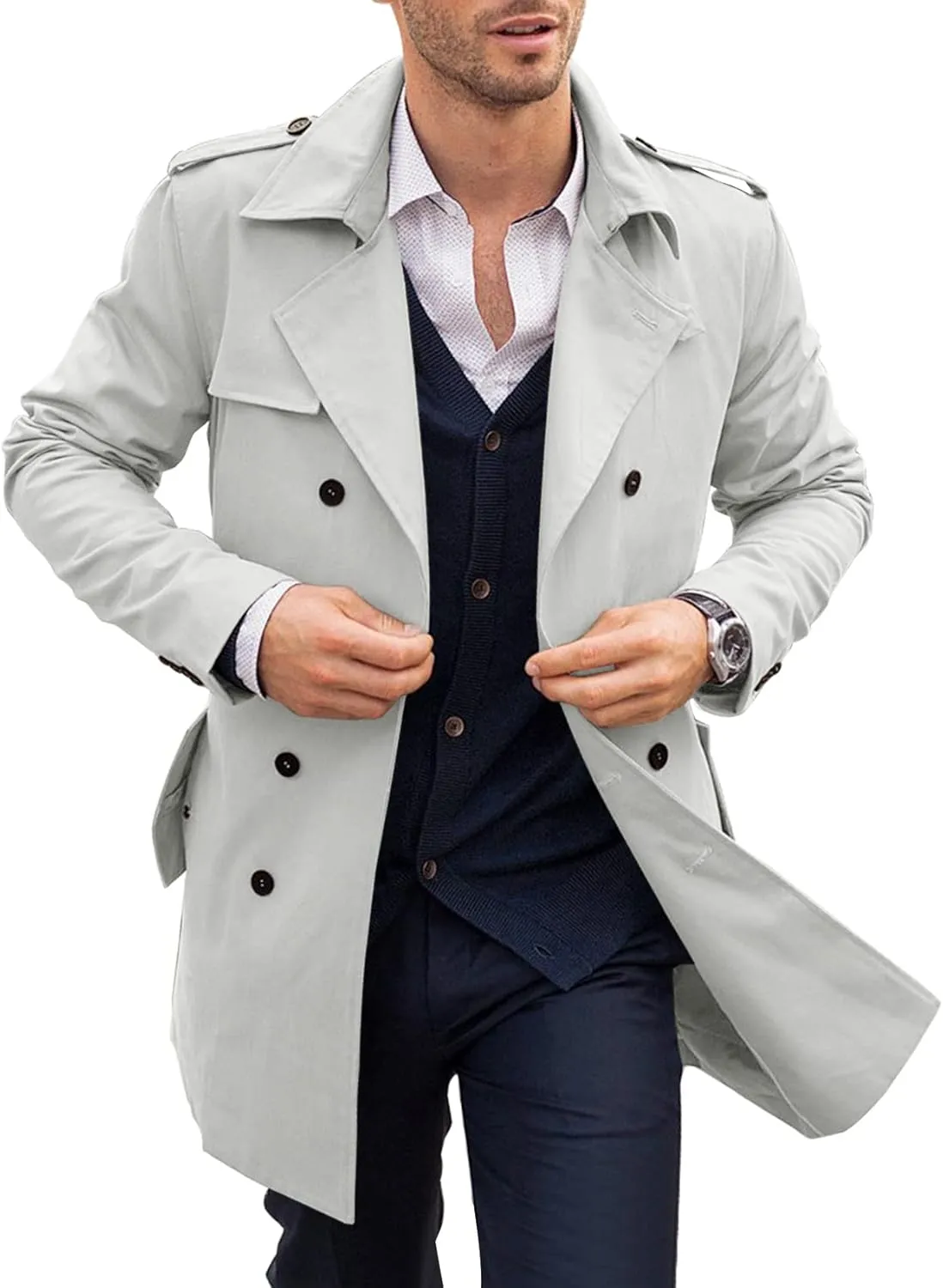 PASLTER Mens Trench Coat Notched Lapel Double Breasted Long Jacket Windbreaker Overcoat Pea Coat
