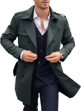 PASLTER Mens Trench Coat Notched Lapel Double Breasted Long Jacket Windbreaker Overcoat Pea Coat