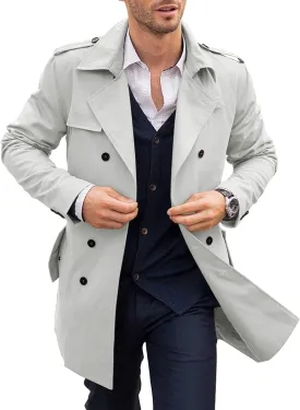 PASLTER Mens Trench Coat Notched Lapel Double Breasted Long Jacket Windbreaker Overcoat Pea Coat