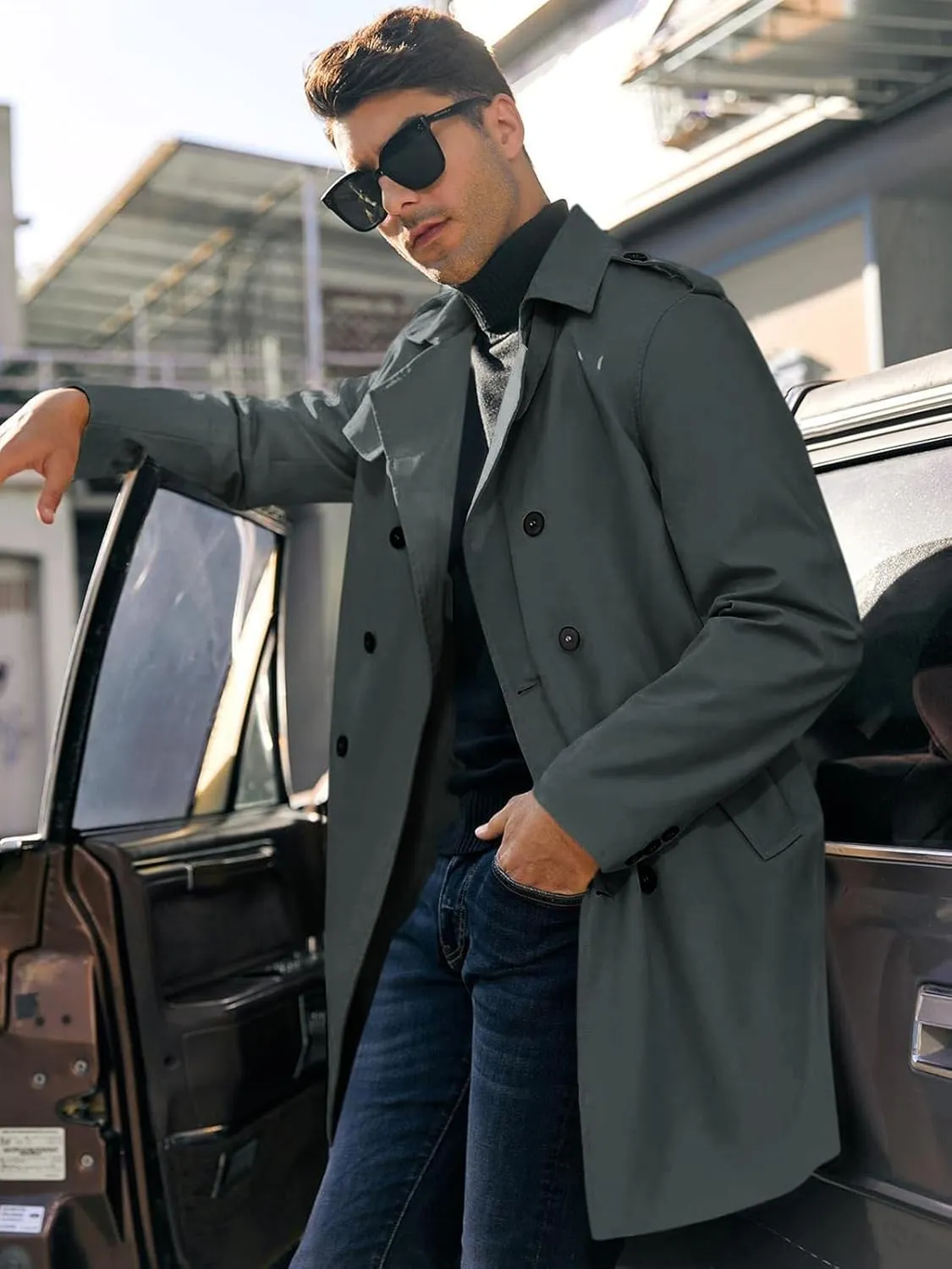 PASLTER Mens Trench Coat Notched Lapel Double Breasted Long Jacket Windbreaker Overcoat Pea Coat