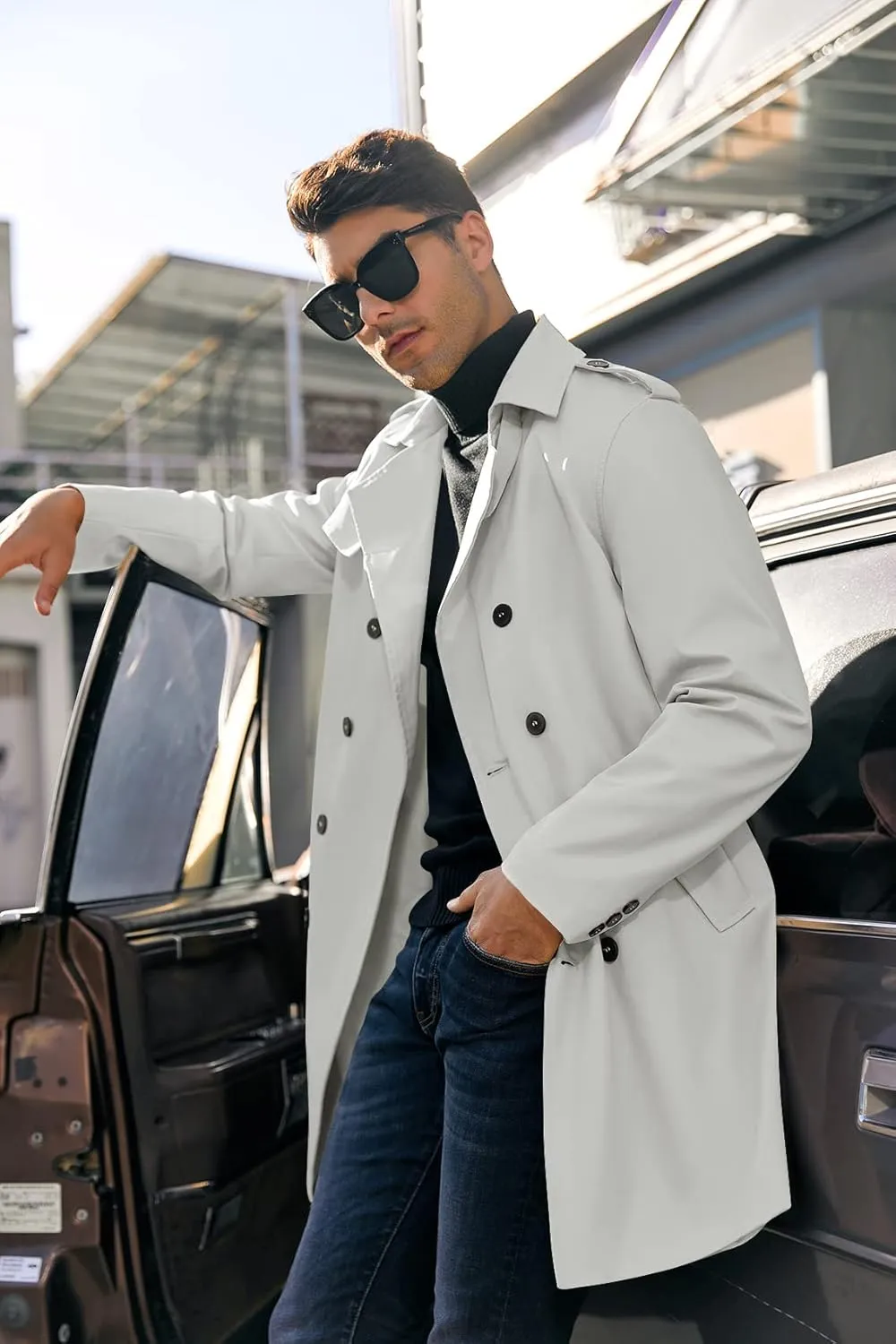 PASLTER Mens Trench Coat Notched Lapel Double Breasted Long Jacket Windbreaker Overcoat Pea Coat