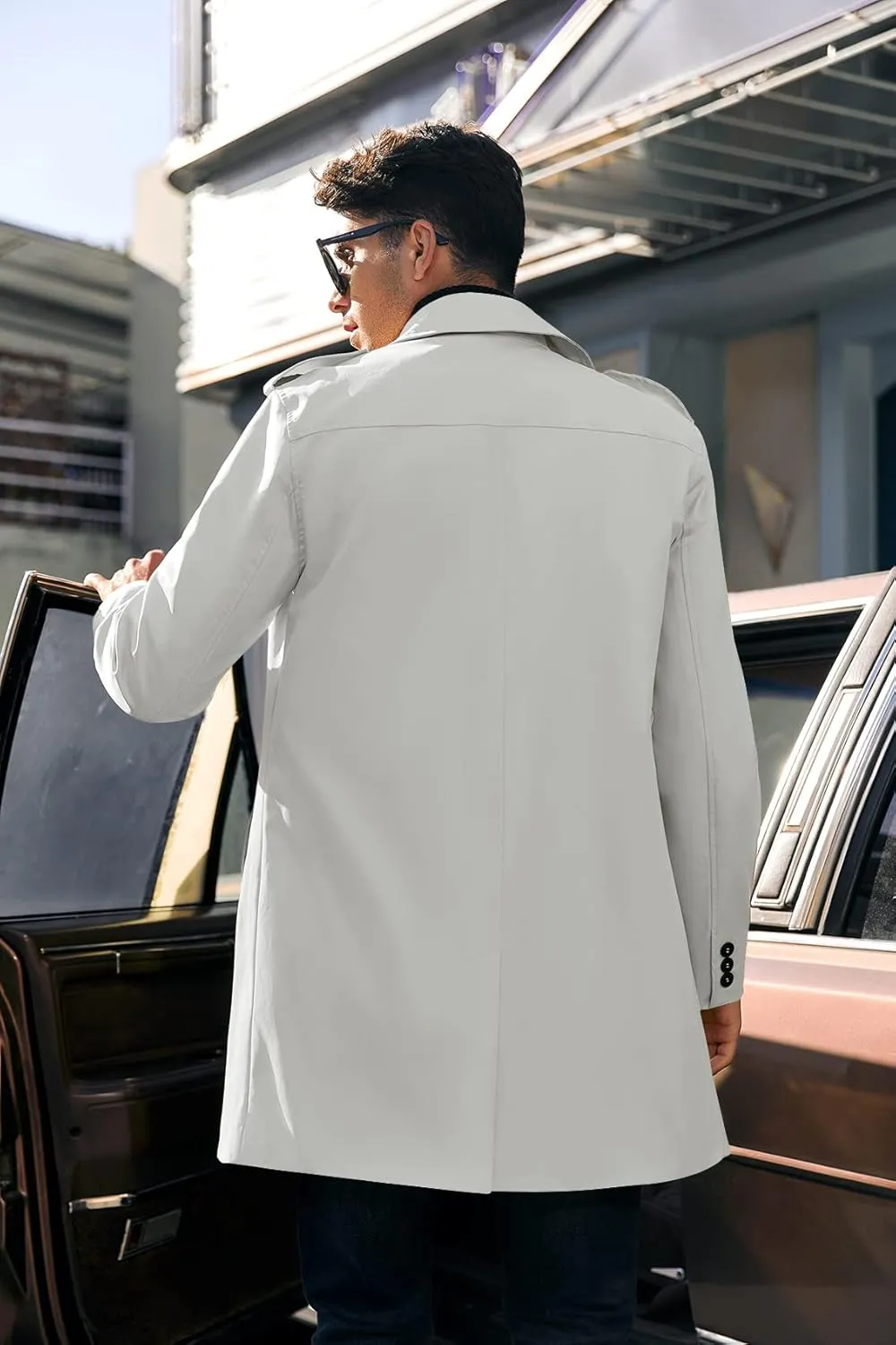 PASLTER Mens Trench Coat Notched Lapel Double Breasted Long Jacket Windbreaker Overcoat Pea Coat