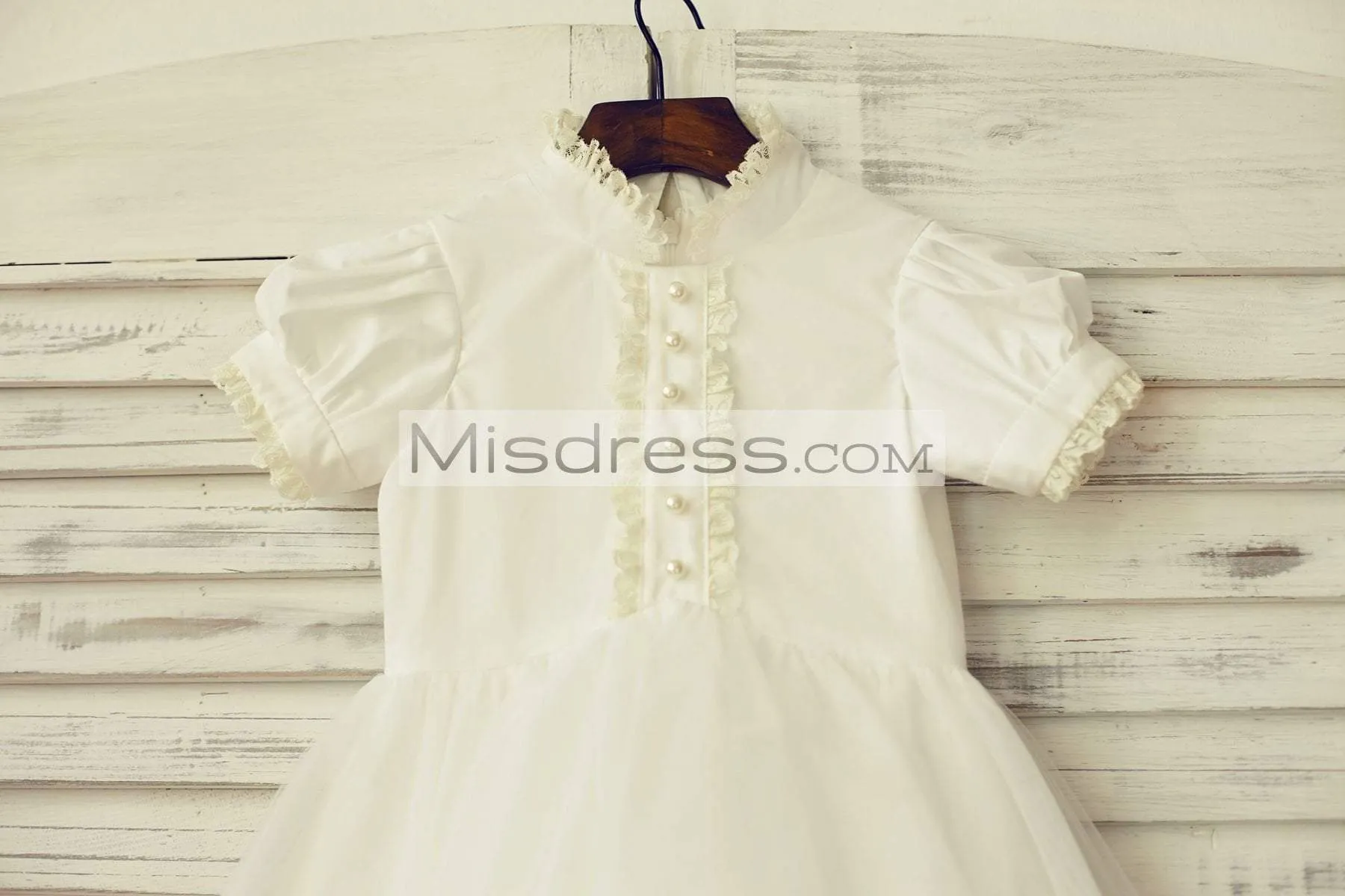 Princess Short Lace Sleeves Ivory Cotton Tulle Flower Girl Dress