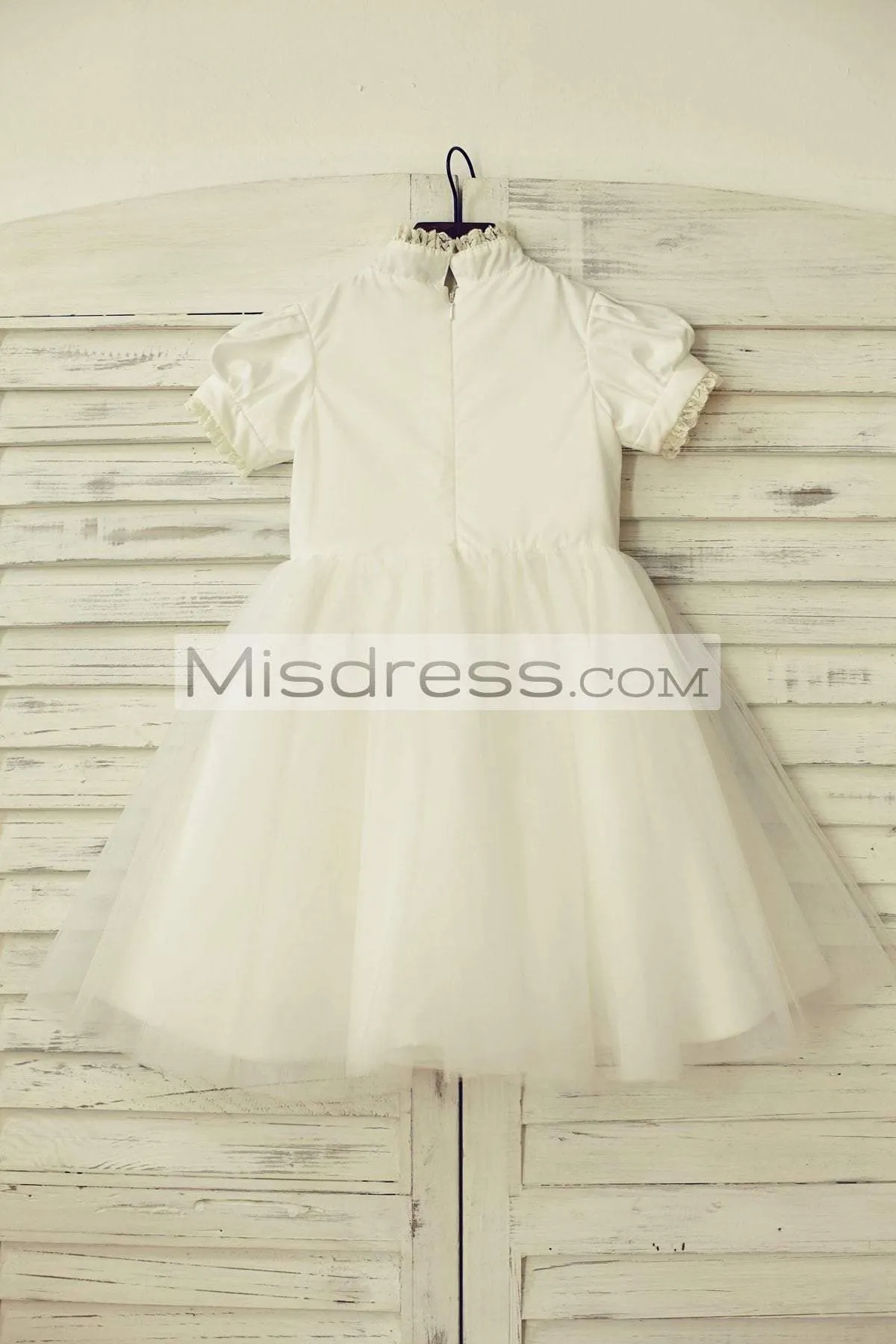 Princess Short Lace Sleeves Ivory Cotton Tulle Flower Girl Dress