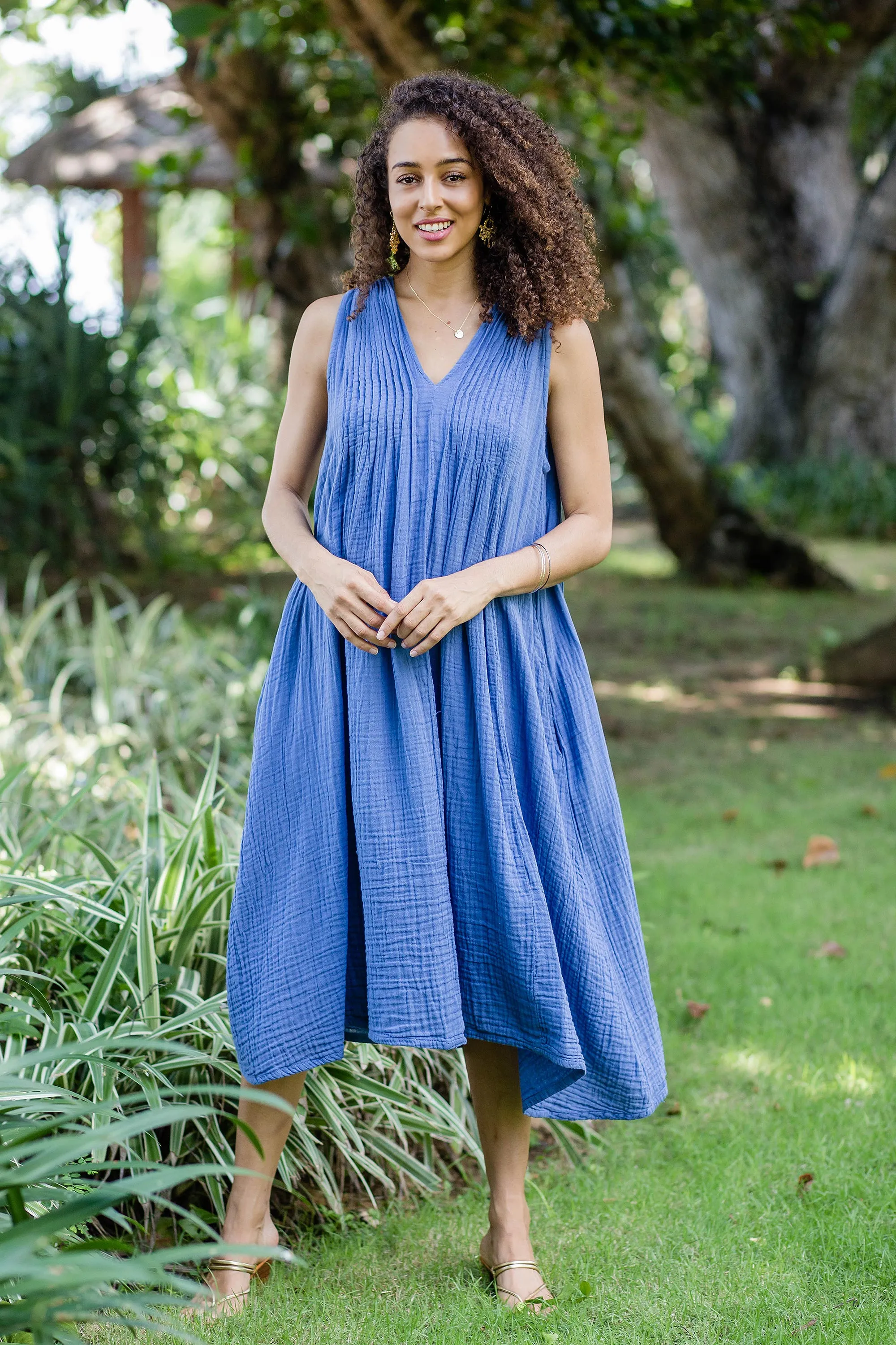 Sleeveless Cotton A-Line Dress - Day Off | NOVICA