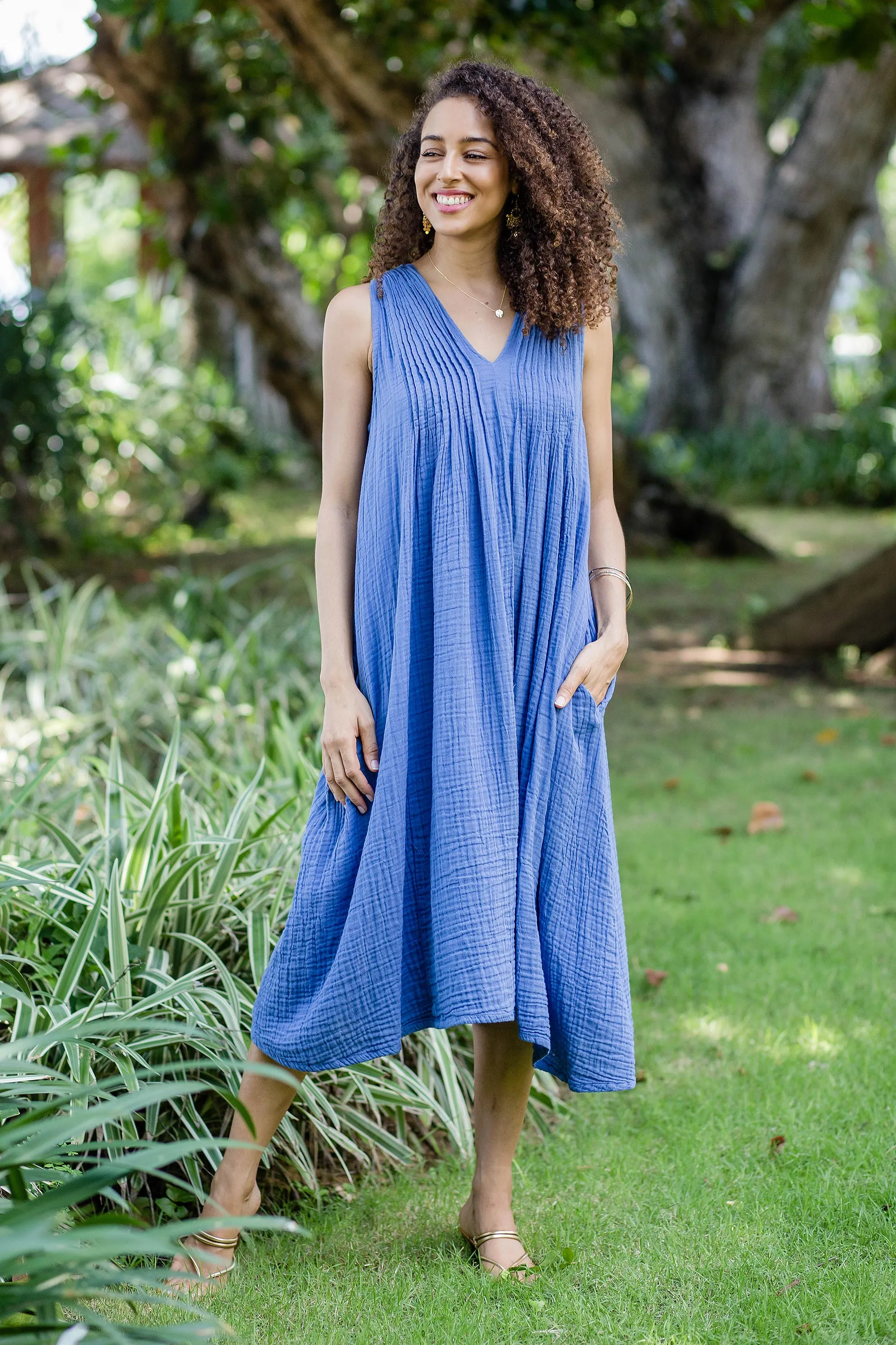 Sleeveless Cotton A-Line Dress - Day Off | NOVICA
