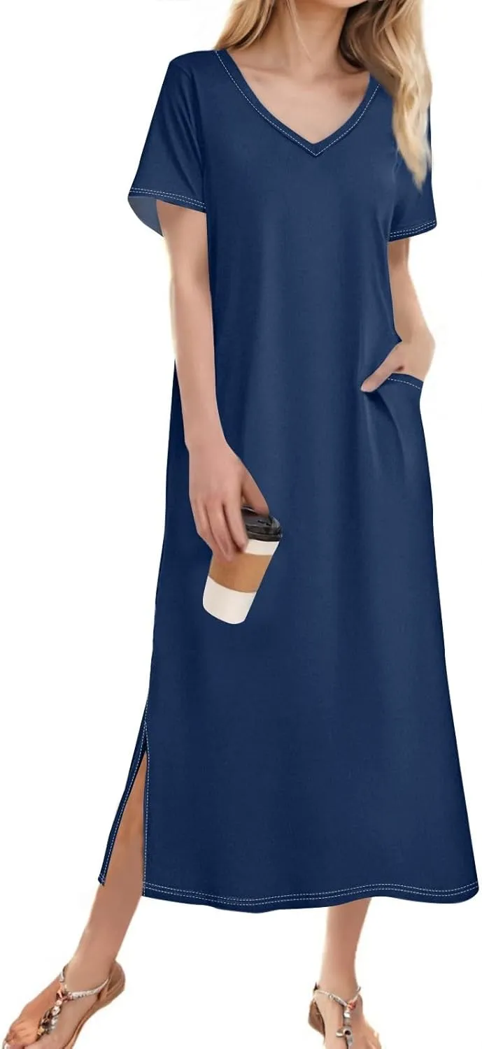 Summer Dresses for Women 2025 Beach Vacation Spring Clothes Short Sleeve V Neck Casual Maxi Dresses