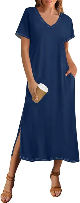 Summer Dresses for Women 2025 Beach Vacation Spring Clothes Short Sleeve V Neck Casual Maxi Dresses