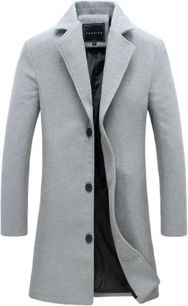Trench Coat Men Single Breasted Wool Blend Coat Mid Length Pea Coat Notch Lapel Jacket Business Casual Overcoat