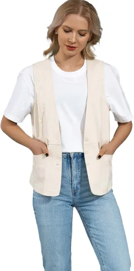 UATKIMI Womens Cotton Linen Vest Casual Loose V Neck Sleeveless Vests Jacket