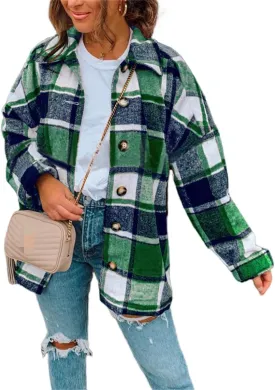 Wankang Womens 2023 Flannel Plaid Shirts Long Sleeve Casual Lapel Button Down Boyfriend Shacket Tartan Jacket Loose Fall Coat