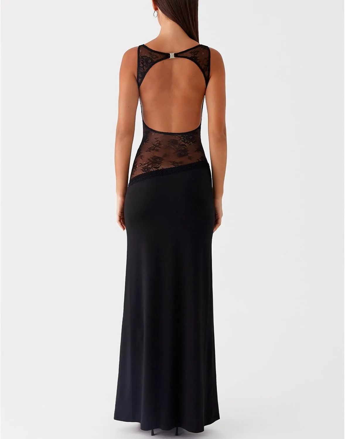 Women Floral Maxi Slip Dress Sexy Backless Spaghetti Strap Long Dress Sleeveless Lace Cut Out Bodycon Split Dress